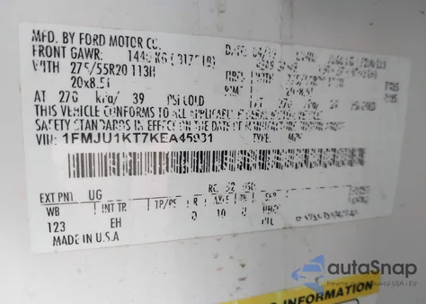 2019 Ford Expedition Limited из США, поврежденный, VIN 1FMJU1KT7KEA45931